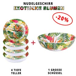 Nudelgeschirr aus Melamin: 1 Schüssel + 4 Tiefe Teller (-20%) Exotische Blumen
