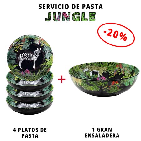 Servicio de pasta de melamina: 1 ensaladera + 4 platos de pasta (-20%) Jungle