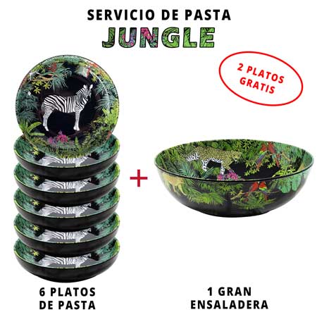 Servicio de pasta de melamina: 1 ensaladera + 6 platos de pasta (2 GRATIS) Jungle