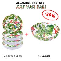 Melamine pastaset: 1 slakom + 4 soepborden (-20%) Aap van Bali Thema