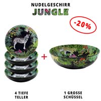 Nudelgeschirr aus Melamin: 1 Schüssel + 4 Tiefe Teller (-20%) Jungle