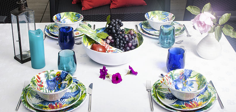 unbreakable tableware collection with melamine tropical motifs