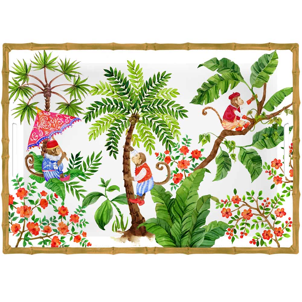 Les Jardins de la Comtesse Rose/Vert Collection Vaisselle MelARTmine ∅ 25 cm Saladier Profond en Mélamine Pure incassable Singes de Bali Bol Décor Intérieur et Extérieur Contour Bambou