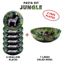 Pasta set : 1 large bowl  + 6 plates ( 2 FREE ) Thème Jungle