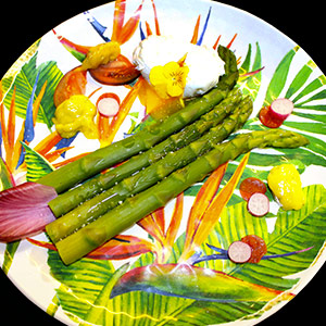 Aïoli d’asperges vertes et œuf poché dans une assiette en mélamine