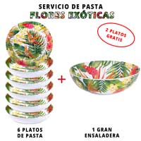 Servicio de pasta de melamina: 1 ensaladera + 6 platos de pasta (2 GRATIS) Flores Exóticas
