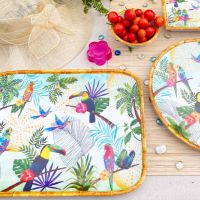 Bandeja Rectangular esquinas redondeadas contorno de bambú - Melamine pura - 45 cm - Tucanes de Río