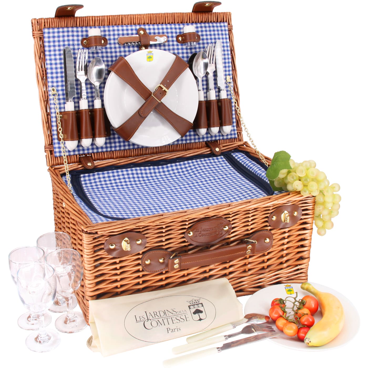 Extra-Groß Kapazität HappyPicnic Weide Picknickkorb Set für 4 Personen mit Kühlfach Picknickkoffer mit Besteck 