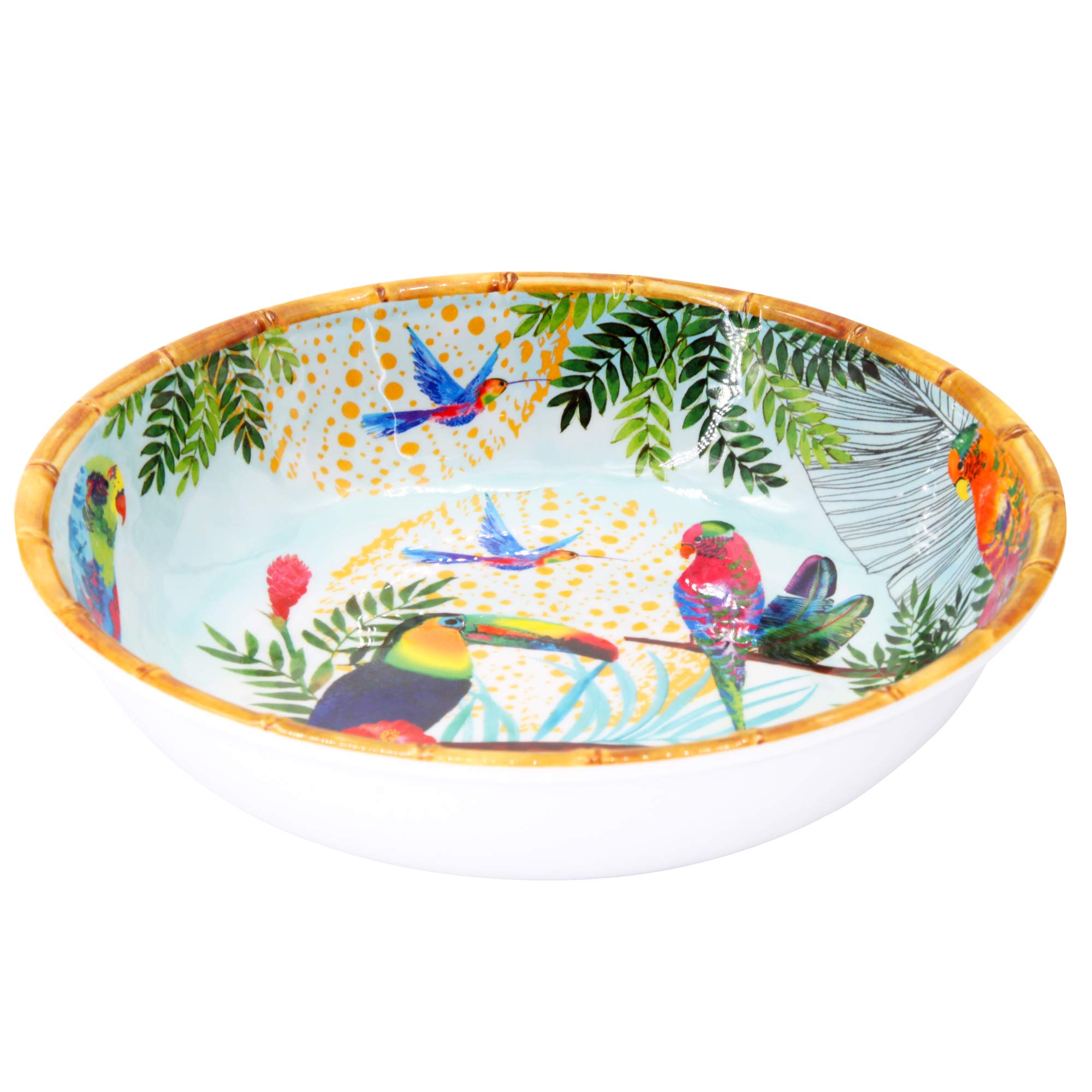 Les Jardins de la Comtesse Large Soup or Pasta Plate Pure Melamine with Bamboo Edges Exotic Flowers Diameter 23 cm Coral Red/Green Unbreakable Dinner Service 