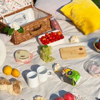 Beigefarbene Picknickdecke mit weißen Punkten und wasserundurchlässiger Rückseite (140 x 140 cm)