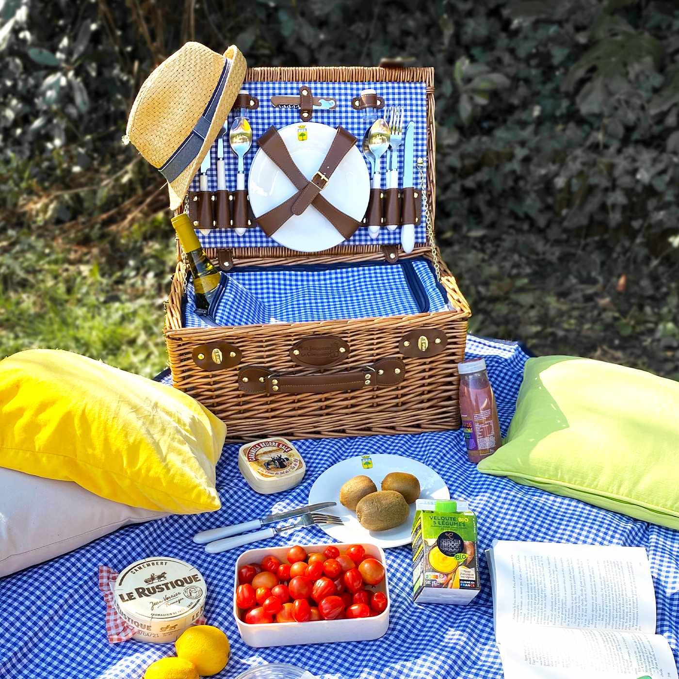 Panier pique-nique Marly Vichy Bleu 4 personnes en osier doublé d'un tissu vichy bleu